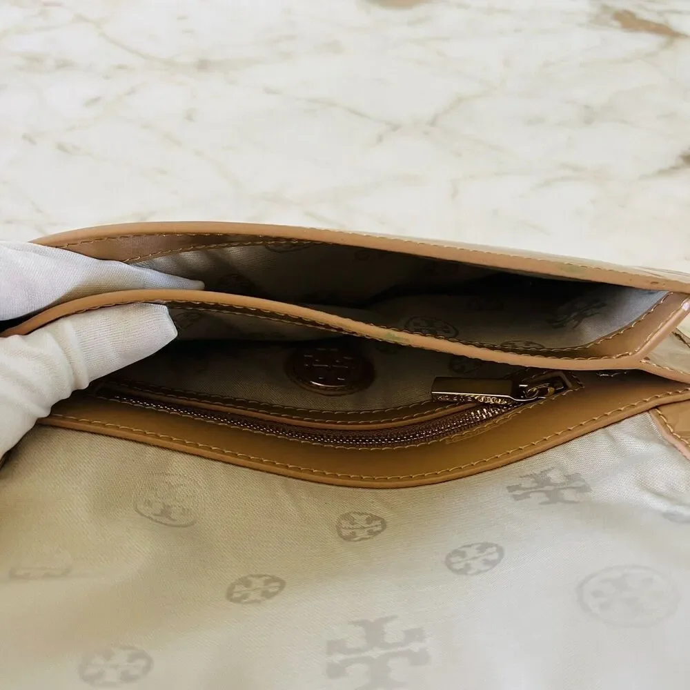 TORY BURCH Tan Patent Leather Gold Braided Chain Strap Clutch Shoulder Bag